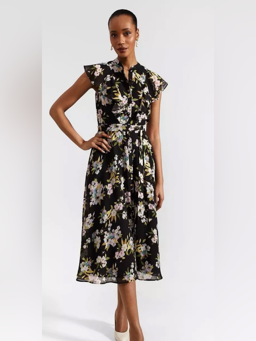 Hobbs London Erica Black Floral Midi Dress with Tie Waist
